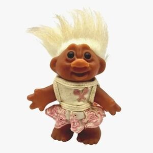 Vintage DAM Norfin Troll Doll Toy 1986 White Hair 5" Embroidered Tennis Dress